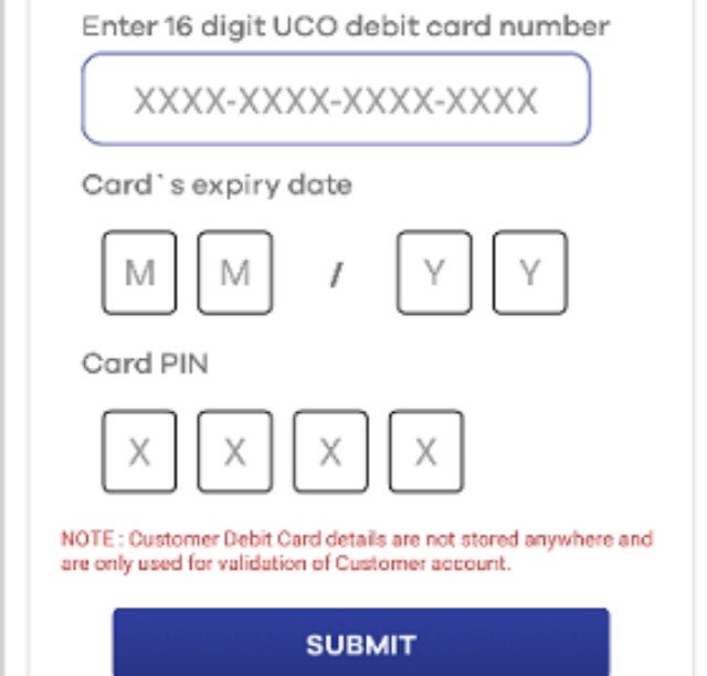 enter 16 digit uco debit card number, card expire date, card pin