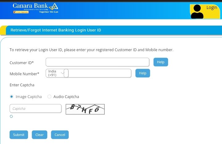retrieve/forgot internet banking login user id