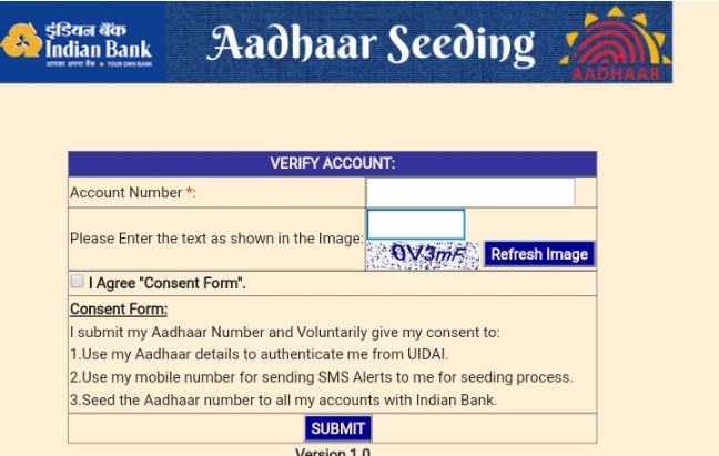 indian bank aadhaar seeding- verify account account number, i agree consent form submit