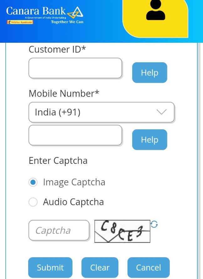 canara bank- customer id, mobile number, enter captcha, 